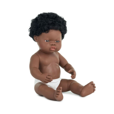 A 14-inch Miniland Realistic Montessori Baby Doll – Black Boy Doll, featuring black hair, anatomically correct details, and soft vinyl construction. Designed for inclusive, educational play.