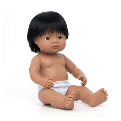 A 14-inch Miniland Realistic Montessori Doll – Hispanic Boy Doll, featuring black hair, anatomically correct details, and soft vinyl construction. Designed for inclusive, educational play.