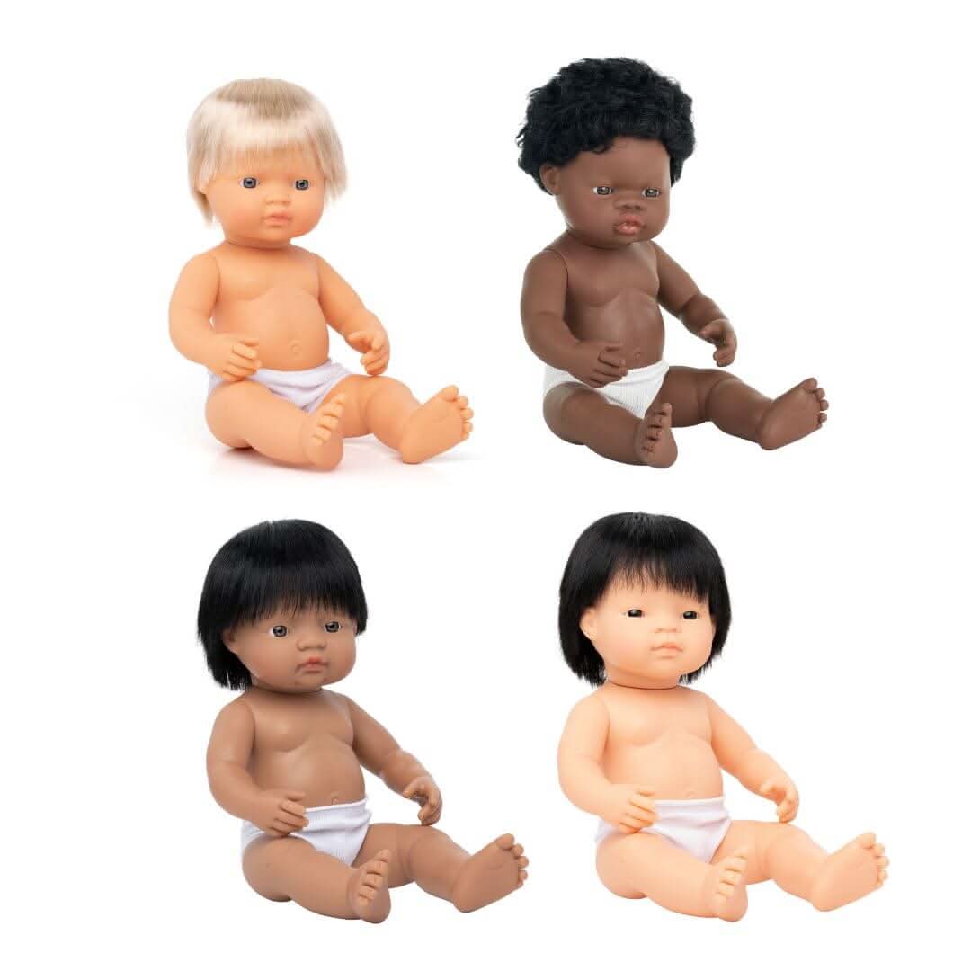 A set of four Miniland 14-inch Realistic Montessori Dolls – Boy Collection, featuring White, Black, Hispanic, and Asian anatomically correct boy dolls, crafted from soft, high-quality vinyl for inclusive, educational play.
