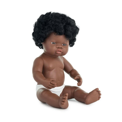 A 12-inch Miniland Realistic Montessori Baby Doll – Black Girl, featuring short black hair, anatomically correct details, and soft vinyl construction. Designed for inclusive, educational play.