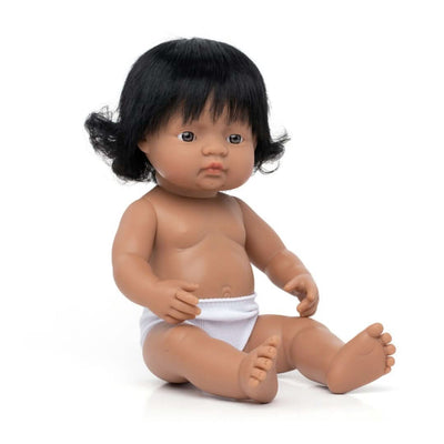 A 12-inch Miniland Realistic Montessori Baby Doll – Hispanic Girl, featuring black hair, anatomically correct details, and soft vinyl construction. Designed for inclusive, educational play.
