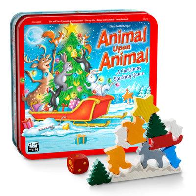 Animal Upon Animal Christmas Stacking Game tin with red die and wooden figures stacked in front