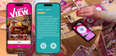 Two smartphones displaying the Point of View app with a carnival theme and an introductory chapter on the Spooky Festival.