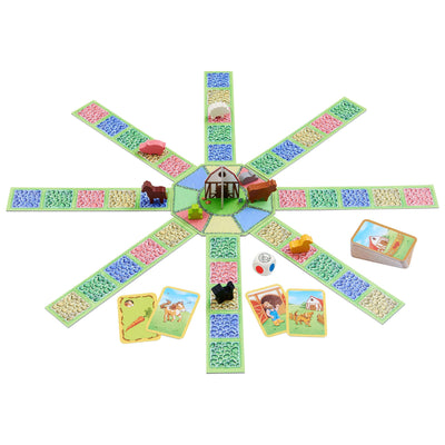 Barnyard Bunch game by HABA with wooden pieces and die on white background