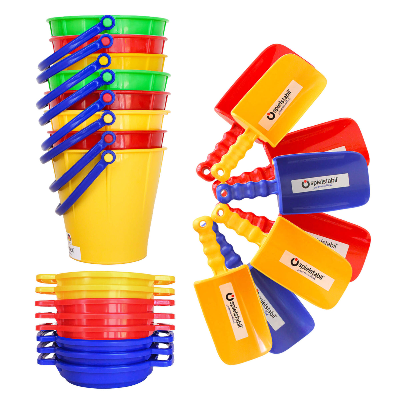 8 colorful sand pails, 8 sieves, and 8 scoops set on a white background