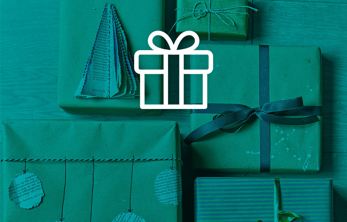 Wrapped gifts in a teal tint with a white package icon
