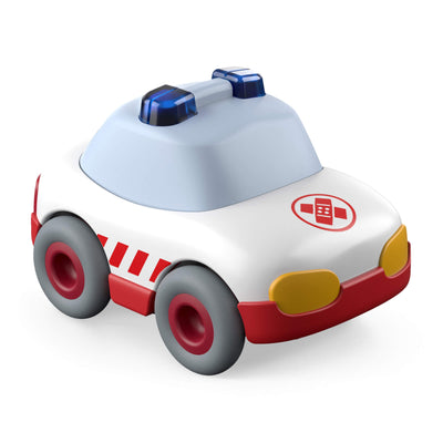 Toy ambulance car with a blue light on top against a white background