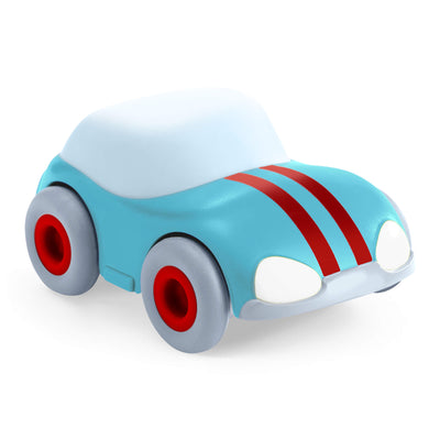 Toy car with a blue body, red stripes, and red wheels on a white background
