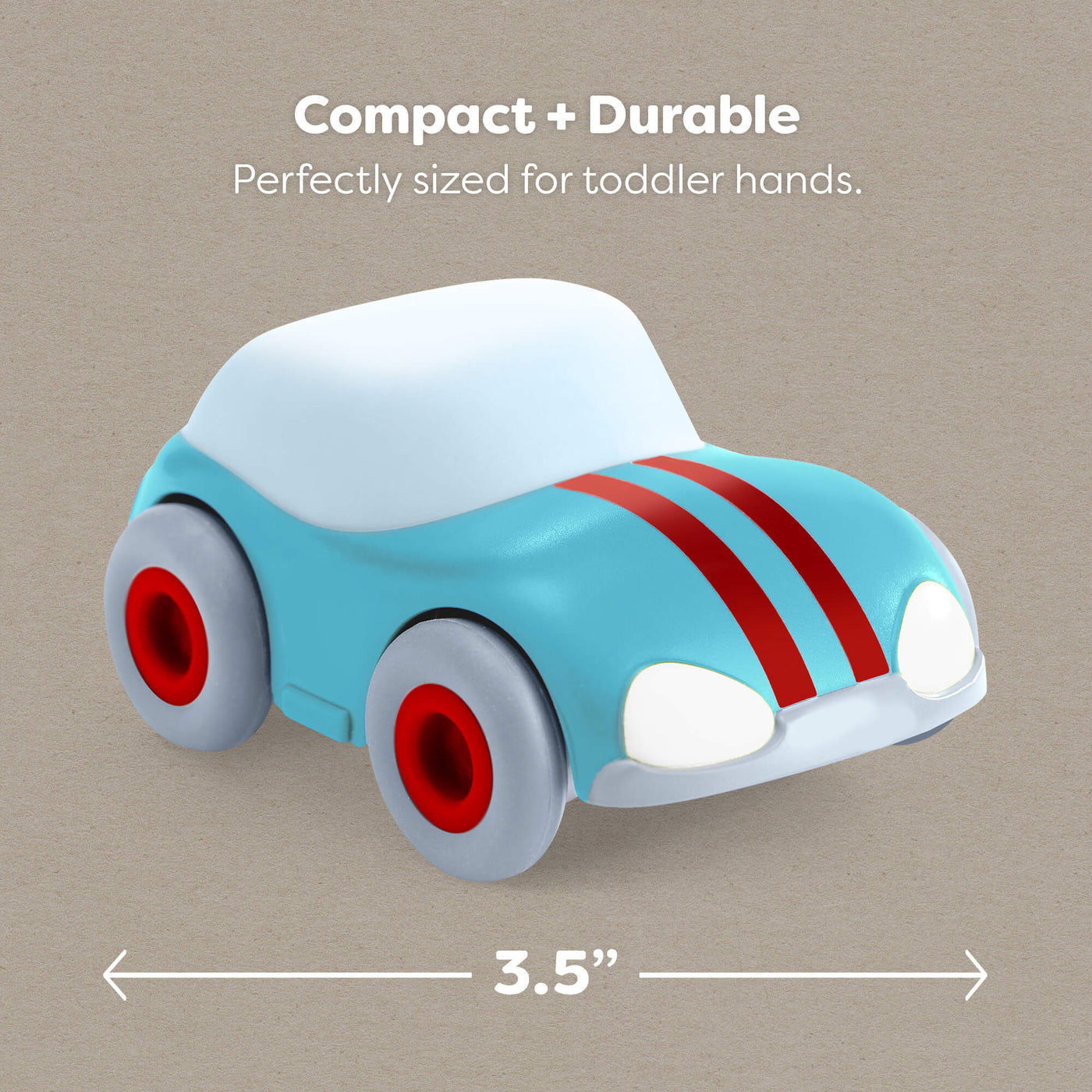 3.5" toy car with red stripes and red wheels on a beige background, labeled as compact and durable.