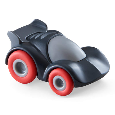 Toy car with red wheels on a white background
