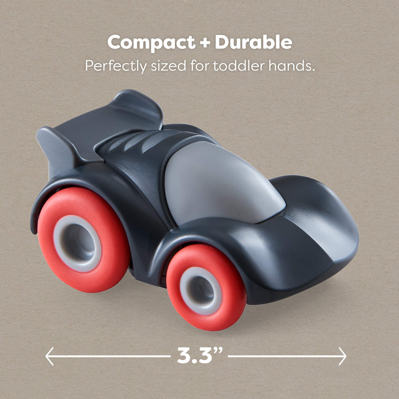 3.3" toy car with red wheels on a beige background, labeled as compact and durable.