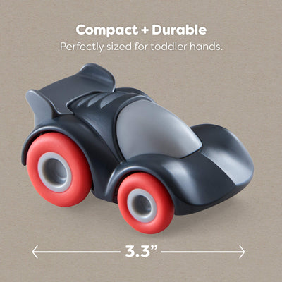3.3" toy car with red wheels on a beige background, labeled as compact and durable.
