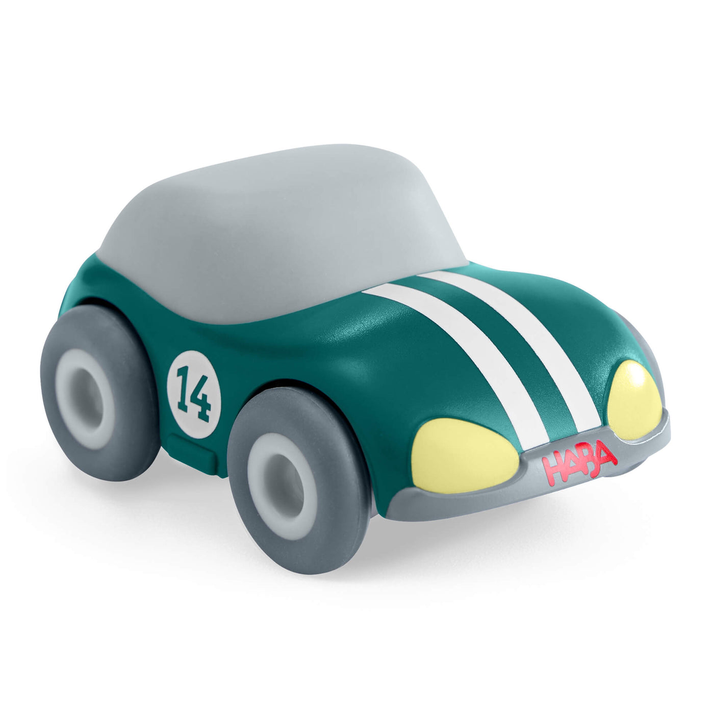 HABA Cars Green Speedster with a green body, gray top, and yellow wheels on a white background