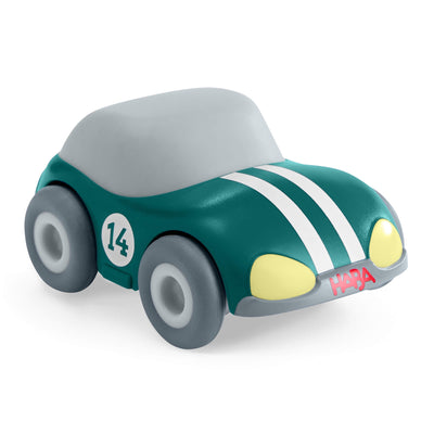 HABA Cars Green Speedster with a green body, gray top, and yellow wheels on a white background