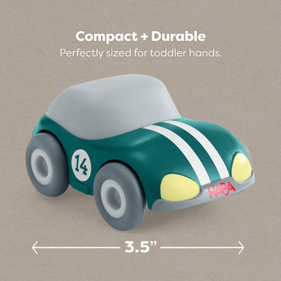HABA toy car with 3.5" dimensions on a beige background with text reading "Compact and durable, perfectly sized for toddler hands"