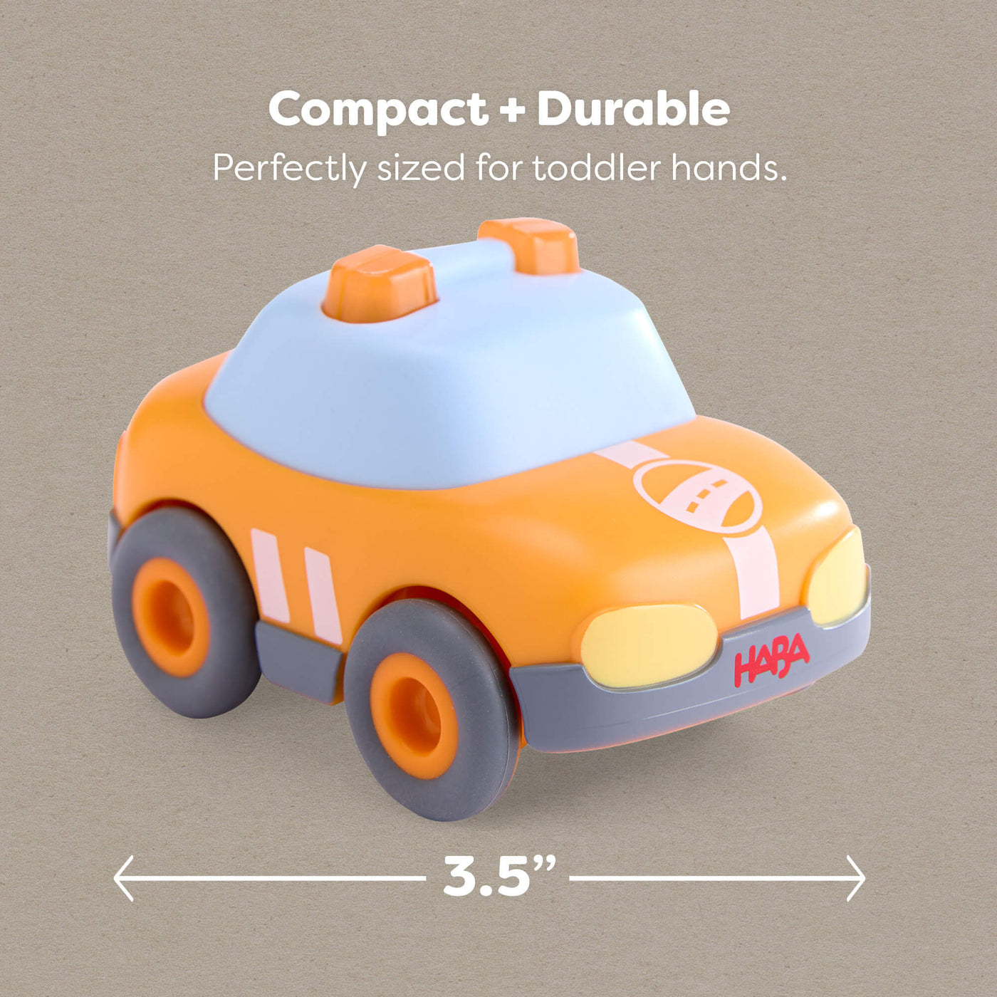 HABA toy car with 3.5" dimensions on a beige background with text reading "Compact and durable, perfectly sized for toddler hands"