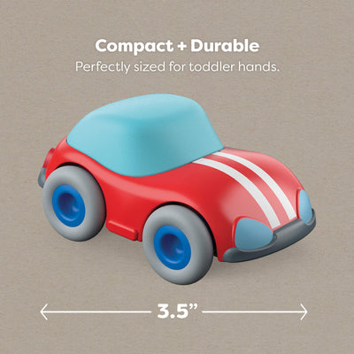 3.5" Red toy car with blue accents on a beige background, labeled 'Compact + Durable' and 'Perfectly sized for toddler hands.'