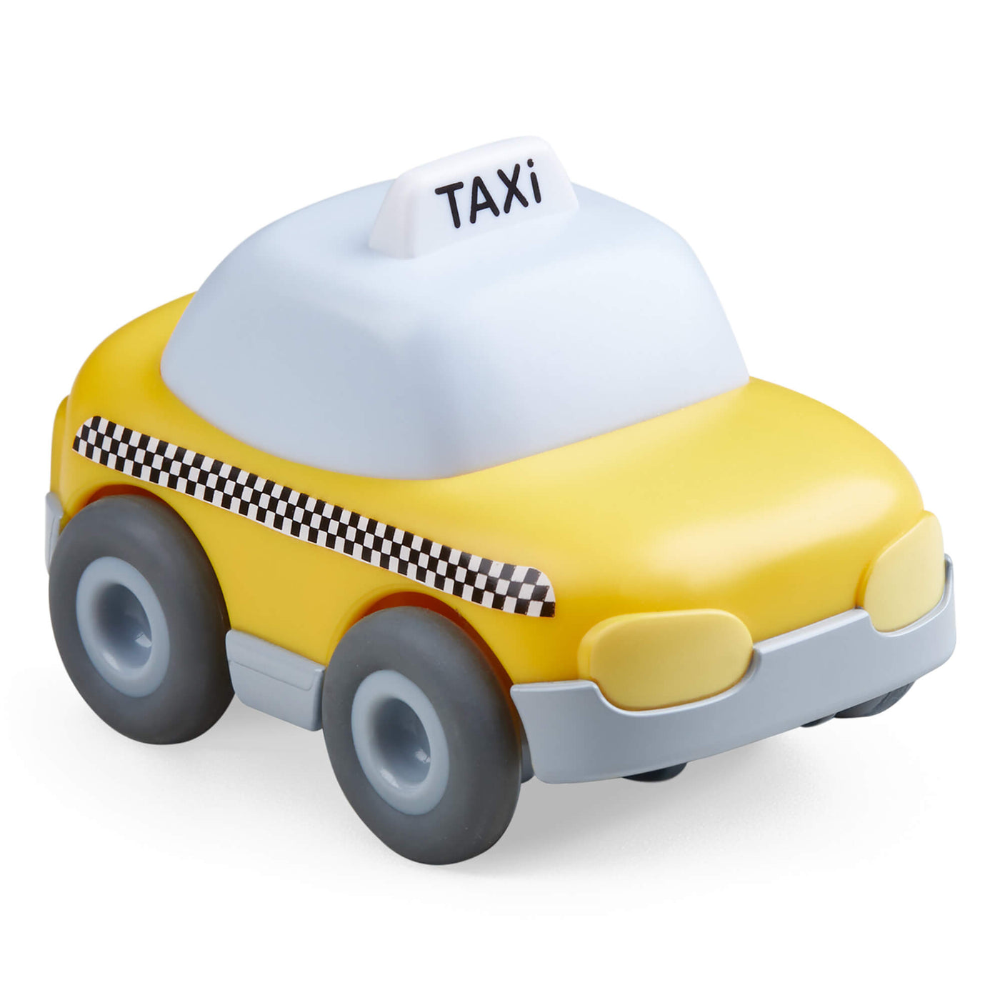 Toy taxi car with a checkered pattern and 'TAXI' sign on a white background