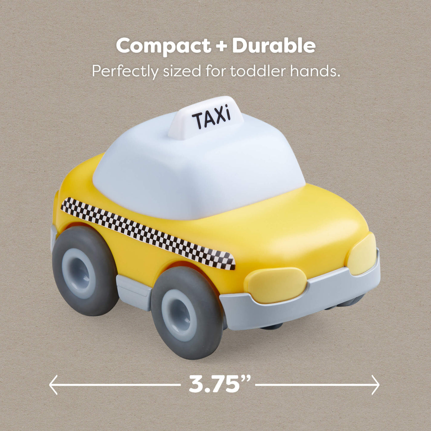 3.75" toy taxi with 'TAXI' sign on a beige background, labeled as compact and durable.