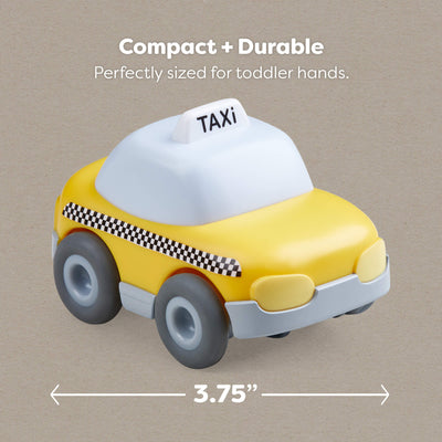 3.75" toy taxi with 'TAXI' sign on a beige background, labeled as compact and durable.