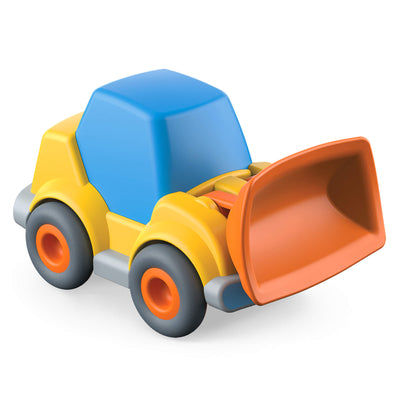 Toy wheel loader with blue cabin and orange bucket on a white background