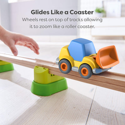 Colorful toy wheel loader on a wooden track with text describing that it glides like a roller coaster