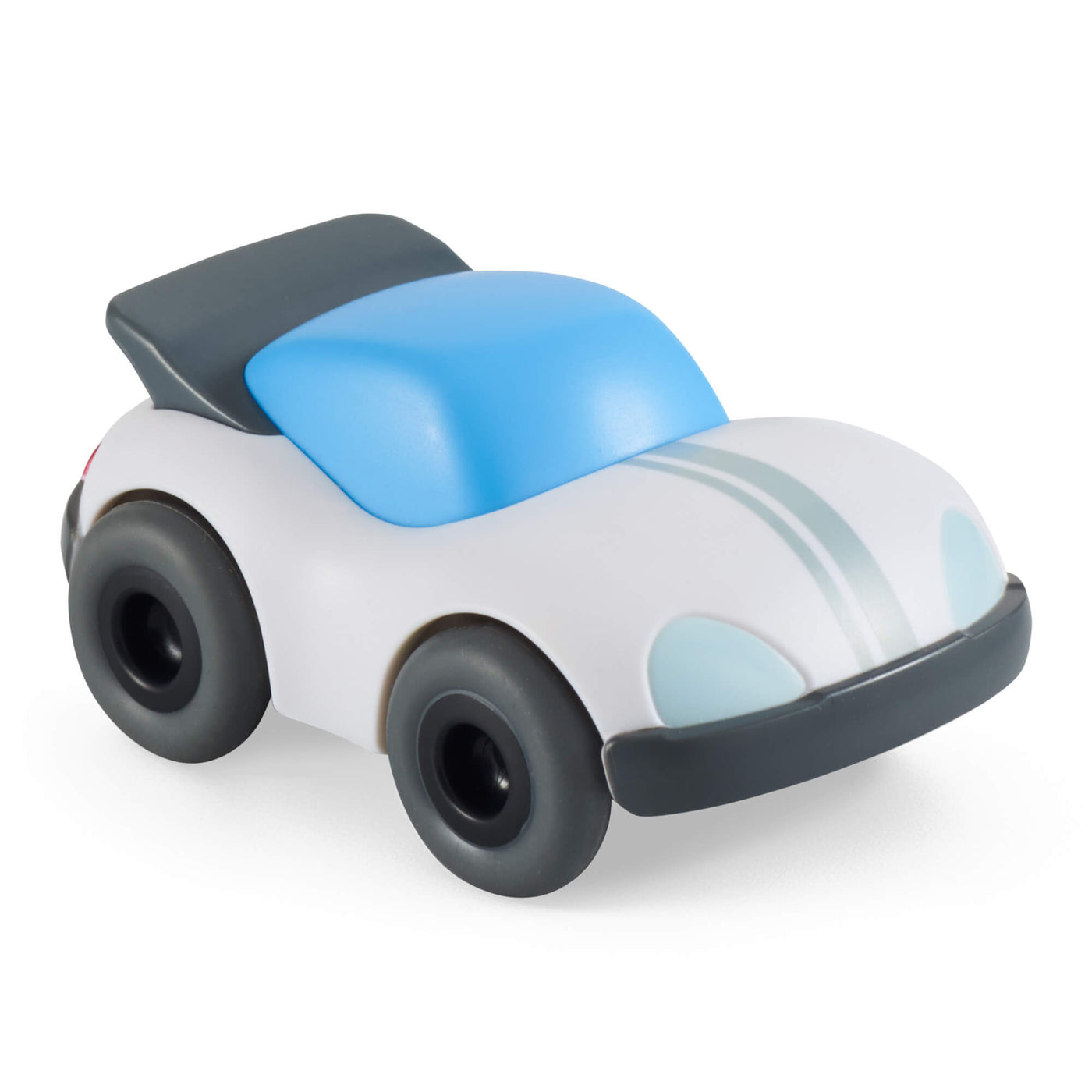 Toy car with blue top and white body on a white background