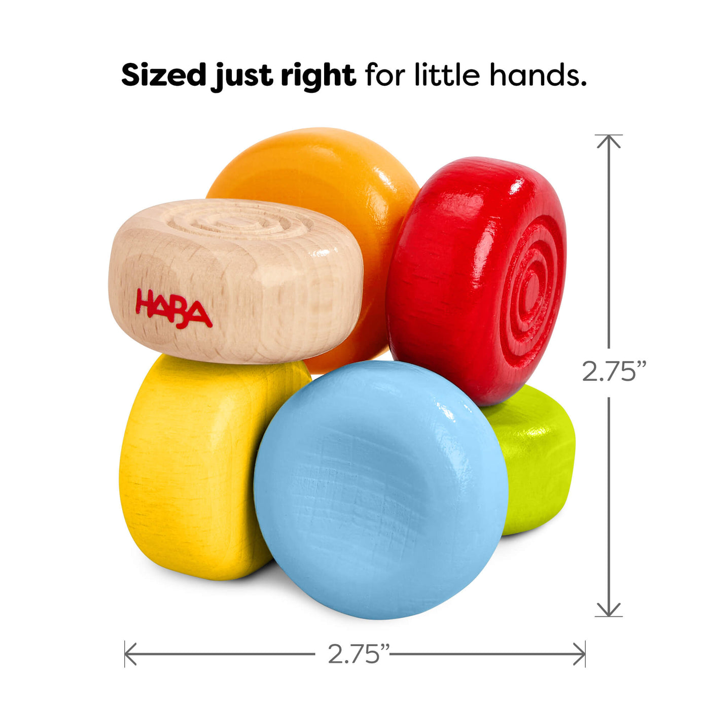 HABA Color Drops Wooden Grasping and Teething Toy, labeled 2.75" by 2.75" with text reading 'Sized just right for little hands.'