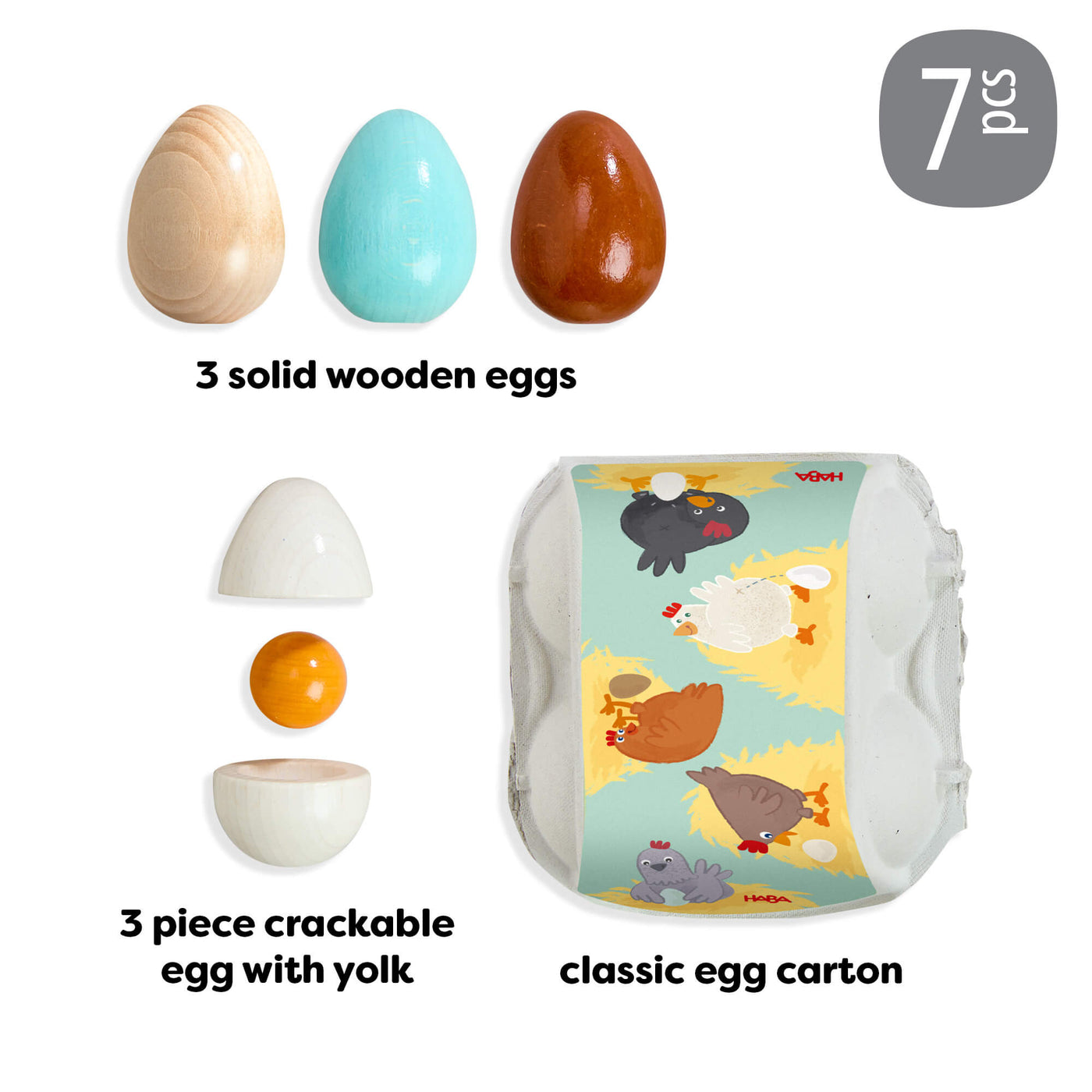 Creative Play – Wooden Eggs Play Food Set of 3 wooden eggs and a crackable egg with yolk, including packaging, on a white background.