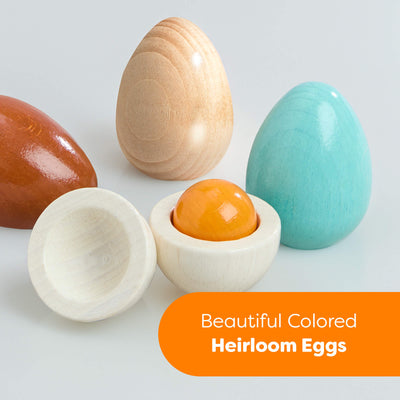 Colorful Wooden Eggs Play Food Set wooden eggs on a light gray background with 'Beautiful Colored Heirloom Eggs' text.