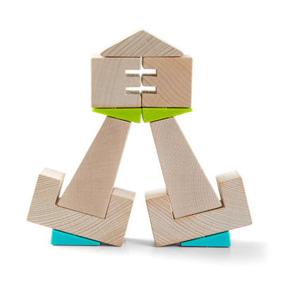 Crooked Tower Wooden Blocks - HABA USA wooden block tower with silicone wedges