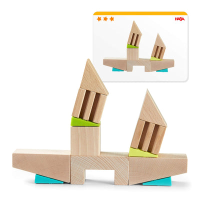 Crooked Tower Wooden Blocks - HABA USA wooden block tower with template card