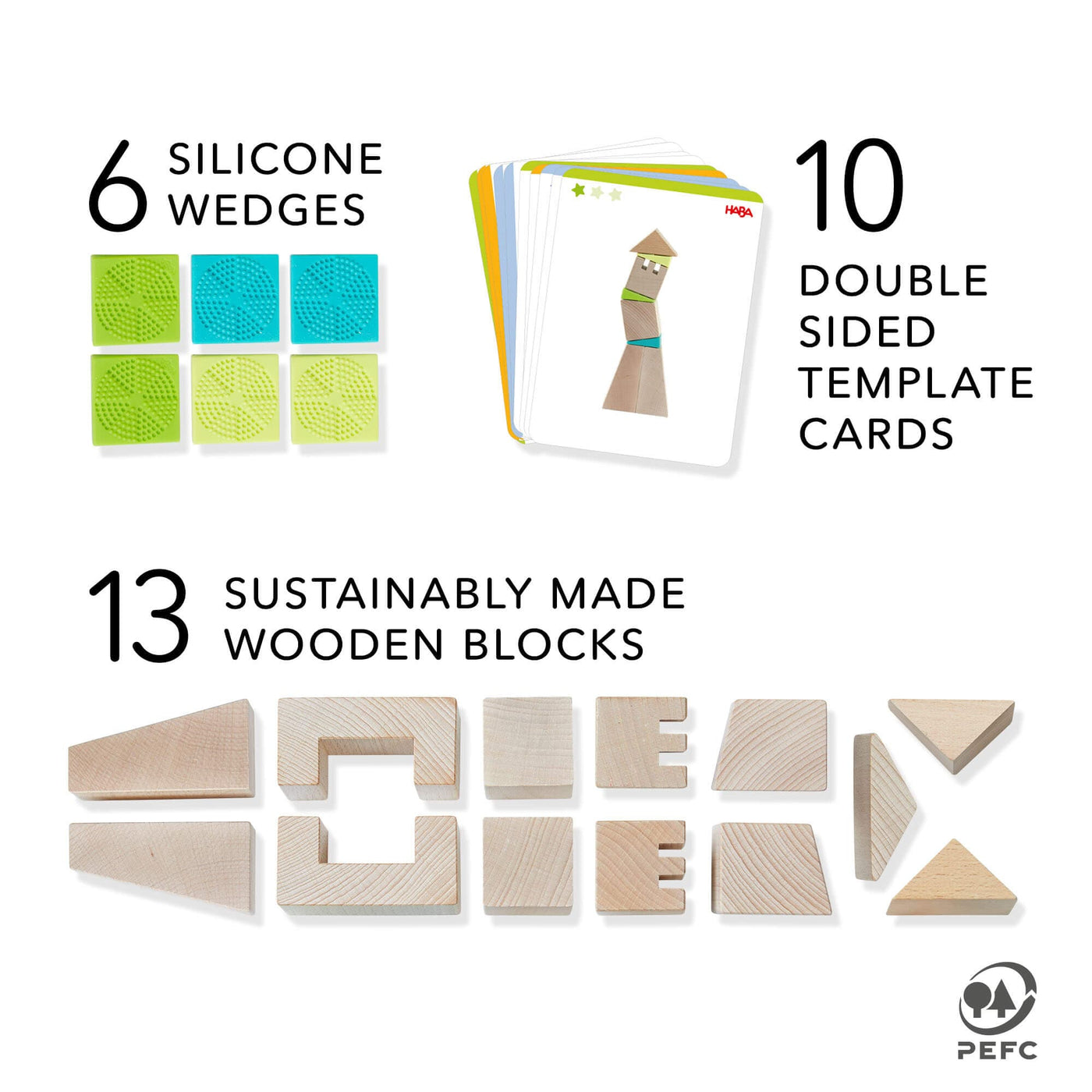 6 silicone wedges, 10 double sided template cards, 13 sustainably made wooden blocks - Crooked Tower Wooden Blocks - HABA USA