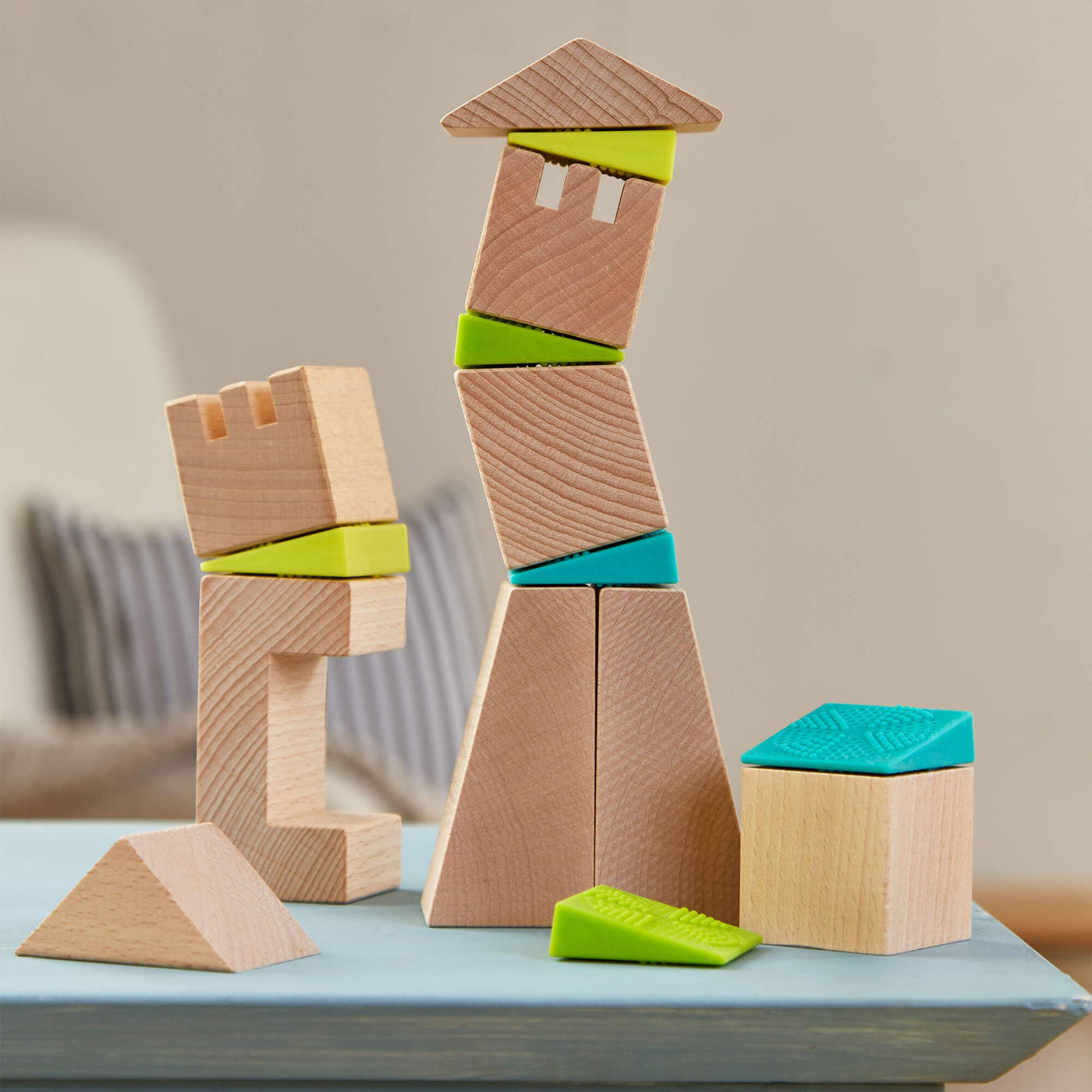 Crooked Tower Wooden Blocks - HABA USA wooden block tower on wooden table
