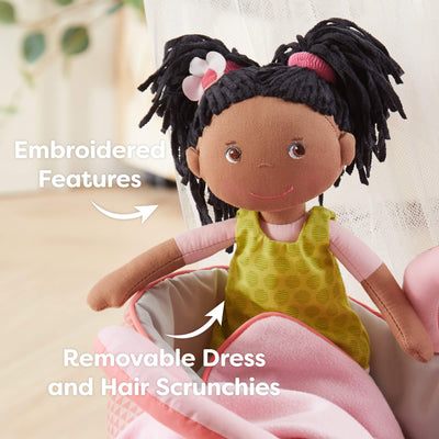 Cari fabric doll with embroidered features and removable dress and Hair Scrunchies