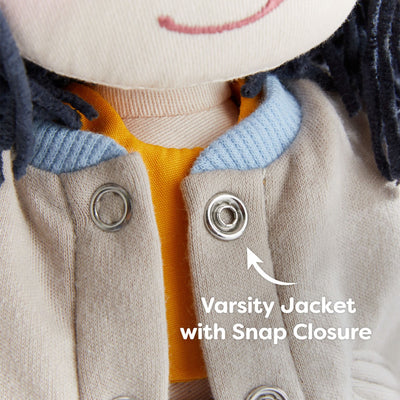 Yuki has a varsity jacket with snap closure