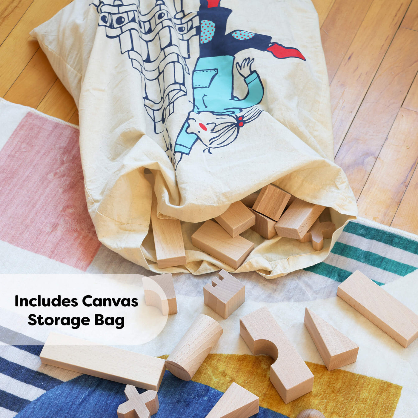 HABA wooden blocks with an included canvas storage bag on a wooden floor