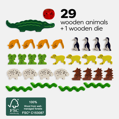 Animal Upon Animal includes 29 wooden animals & 1 wooden die, FSC certified
