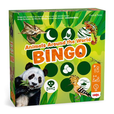 Box of 'Animals Around the World Bingo' game by HABA with illustrations of a panda, bird, and other animals on a green background.
