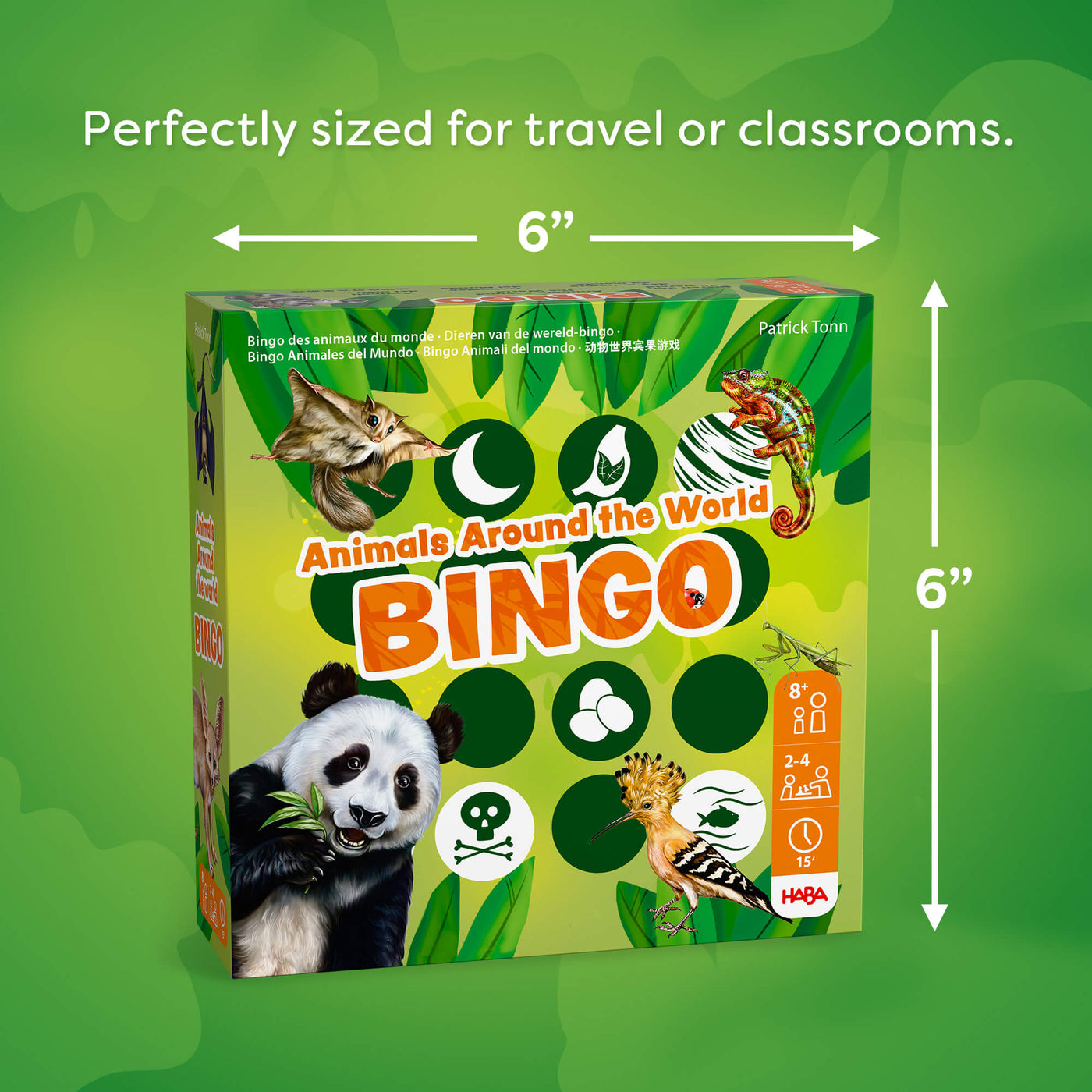 'Animals Around the World Bingo' box on a green background with 6 inch dimensions indicated. Text reads "Perfectly sized for travel or classrooms."