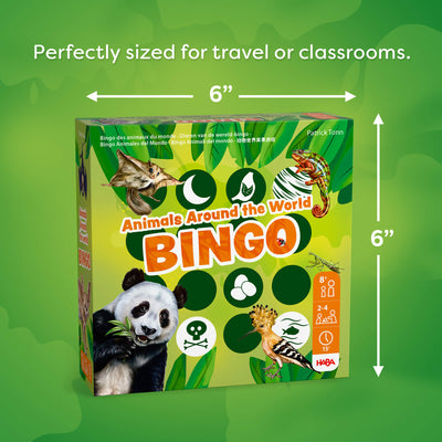 'Animals Around the World Bingo' box on a green background with 6 inch dimensions indicated. Text reads "Perfectly sized for travel or classrooms."