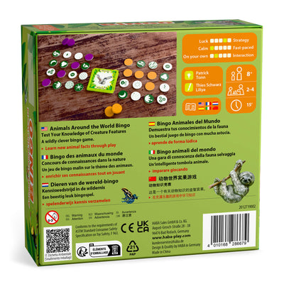 Animals Around the World Bingo game box with colorful graphics and text on a white background