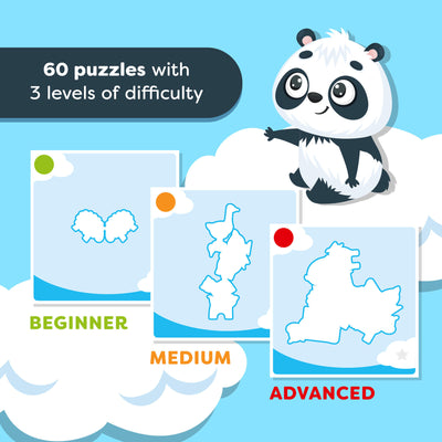 Panda character from HABA Logic! Games Bao's Cloudland with educational puzzles on a blue background. text reads '60 puzzles with 3 levels of difficulty'