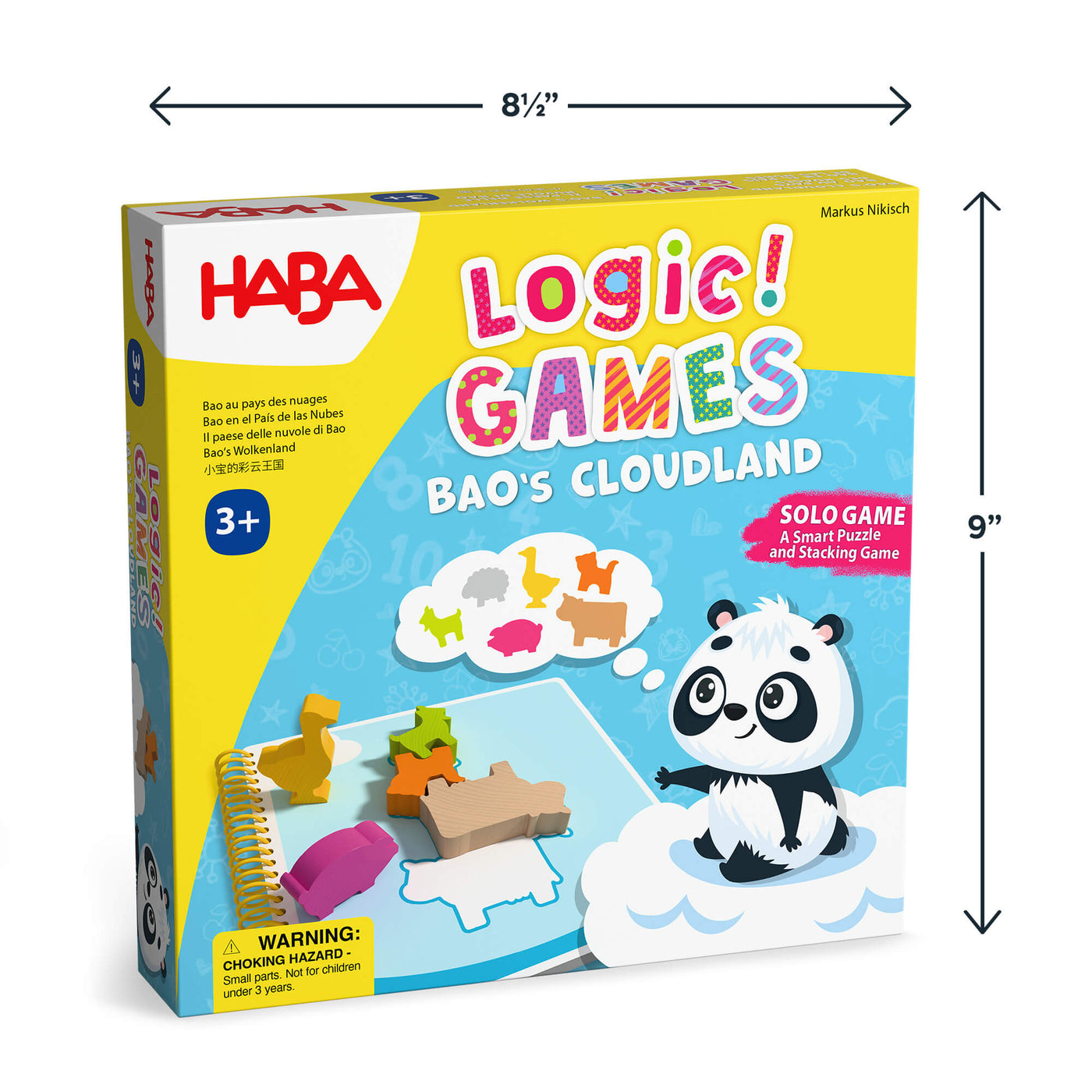 HABA Logic! Games Bao's Cloudland packaging with 8.5" x 9" dimensions and panda illustration