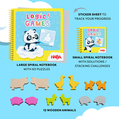 HABA Logic! Games Bao's Cloudland  includes 12 wooden animals, large and small spiral notebooks and sticker sheet