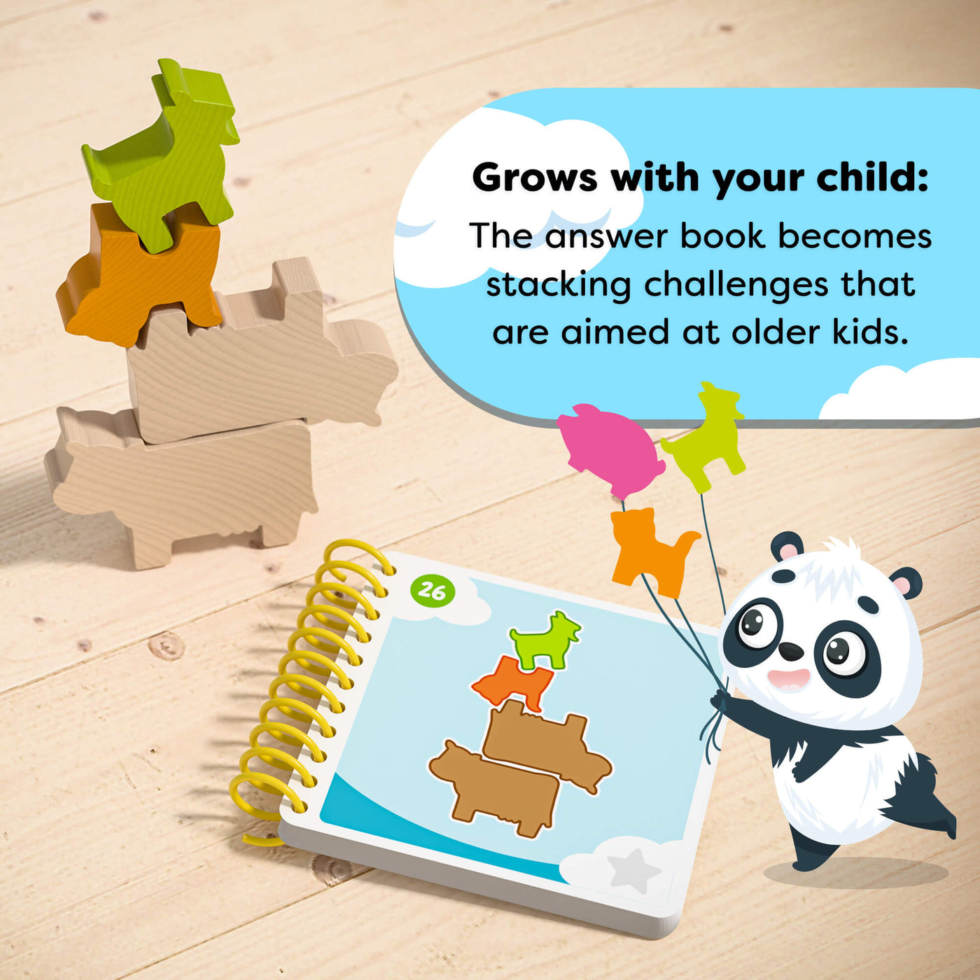HABA Logic! Games Bao's Cloudland  book and wooden animal shapes on a wooden surface. text reads 'Grows with your child: The answer book becomes stacking challenges that are aimed at older kids.'