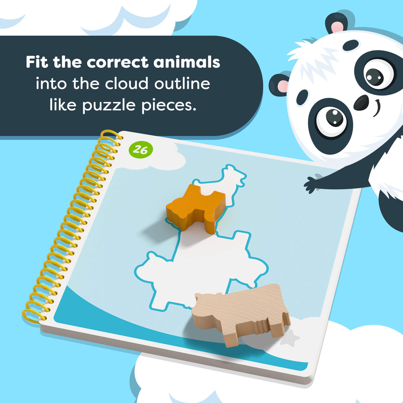 HABA Logic! Games Bao's Cloudland   educational puzzle with panda character and cloud outline, text reads 'Fit the correct animals into the cloud outline like puzzle pieces.'