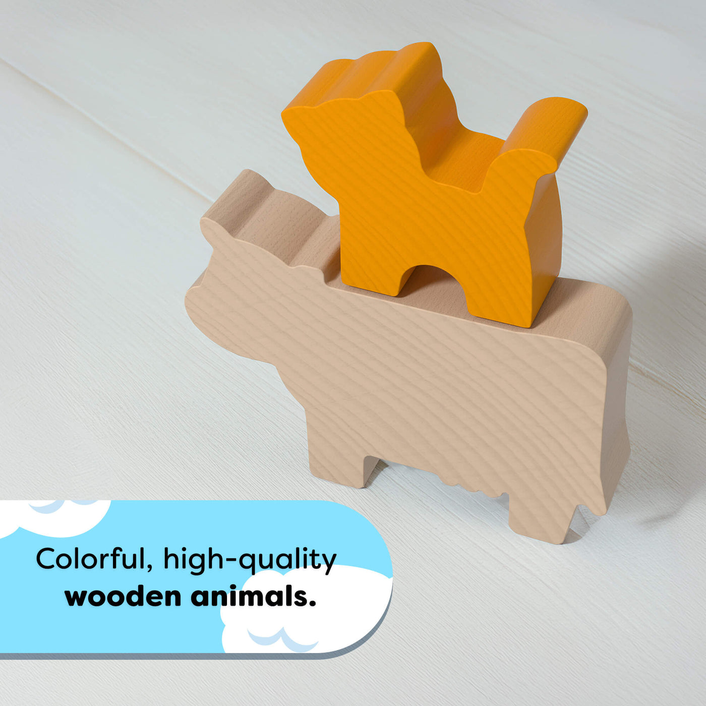Two wooden animal pieces from the game HABA Logic! Games Bao's Cloudland, one orange cat and one beige cow, on a light gray background with text 'Colorful, high-quality wooden animals.'