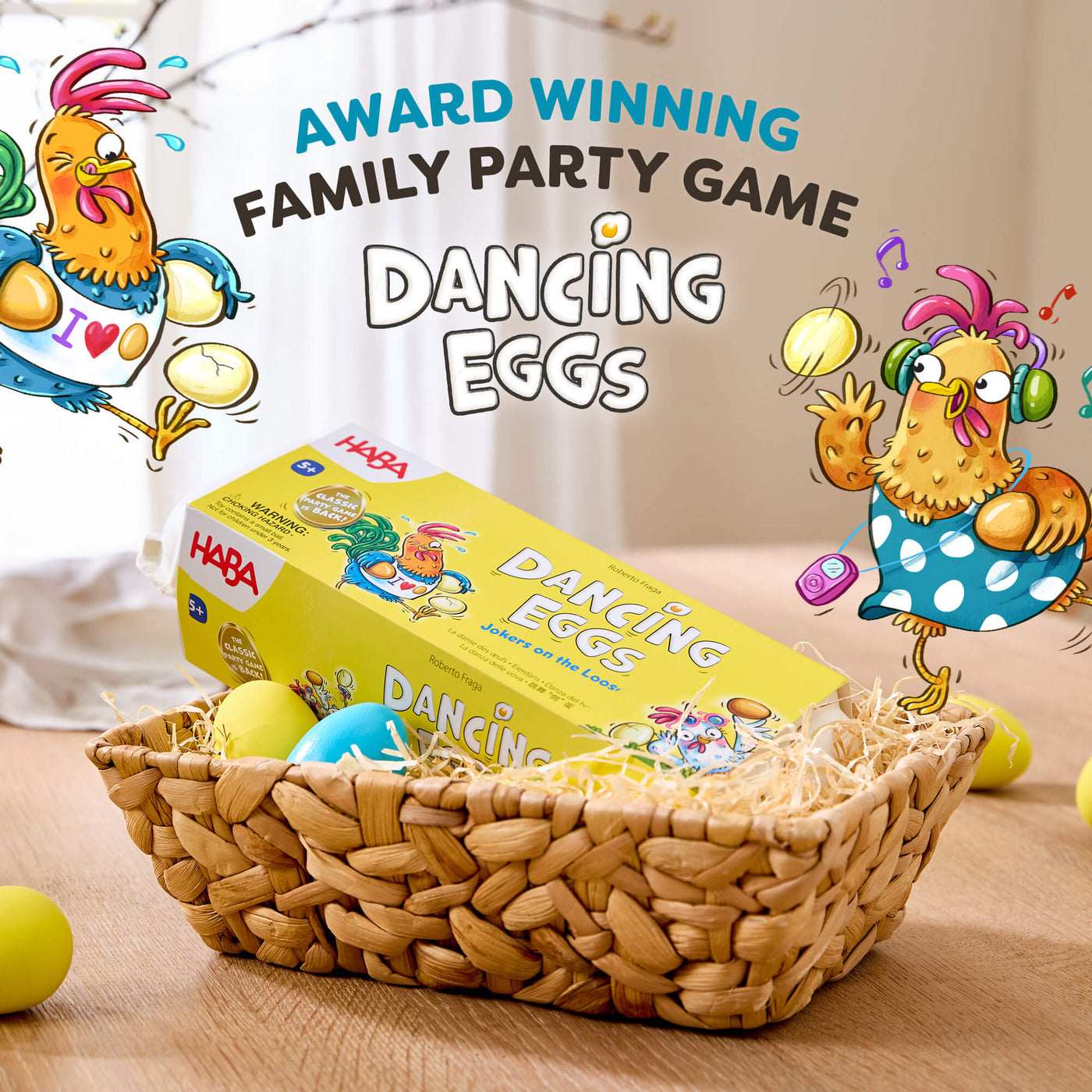 HABA Dancing Eggs game box with cartoon characters and text on a wooden surface. Award-winning family party game!