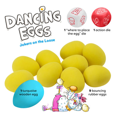 HABA Dancing Eggs game set with yellow eggs, a turquoise wooden egg, and action die on a white background.